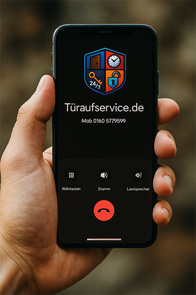 Hand mit Smartphone, Anrufbildschirm Türaufservice.de – 24h Schlüsselnotdienst Hagen 58095, zerstörungsfreie Türöffnung
